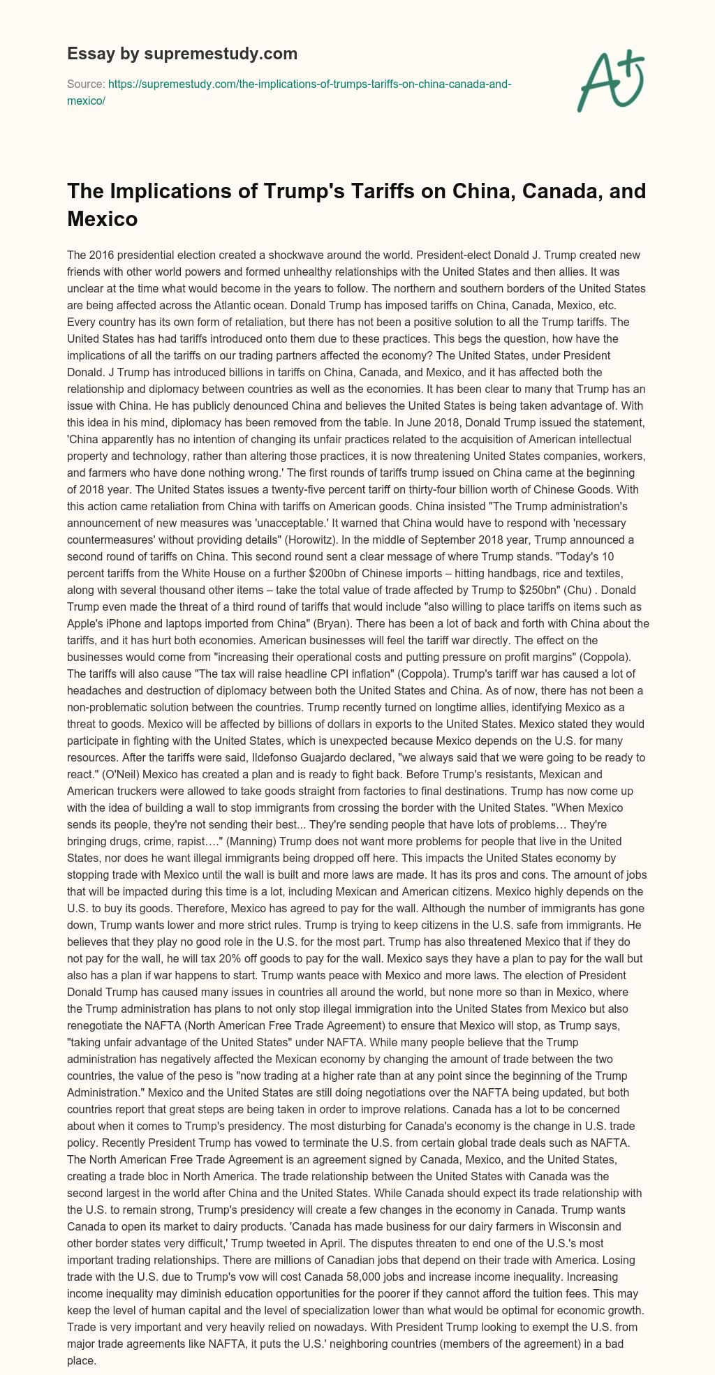 The Implications of Trump’s Tariffs on China, Canada, and Mexico essay