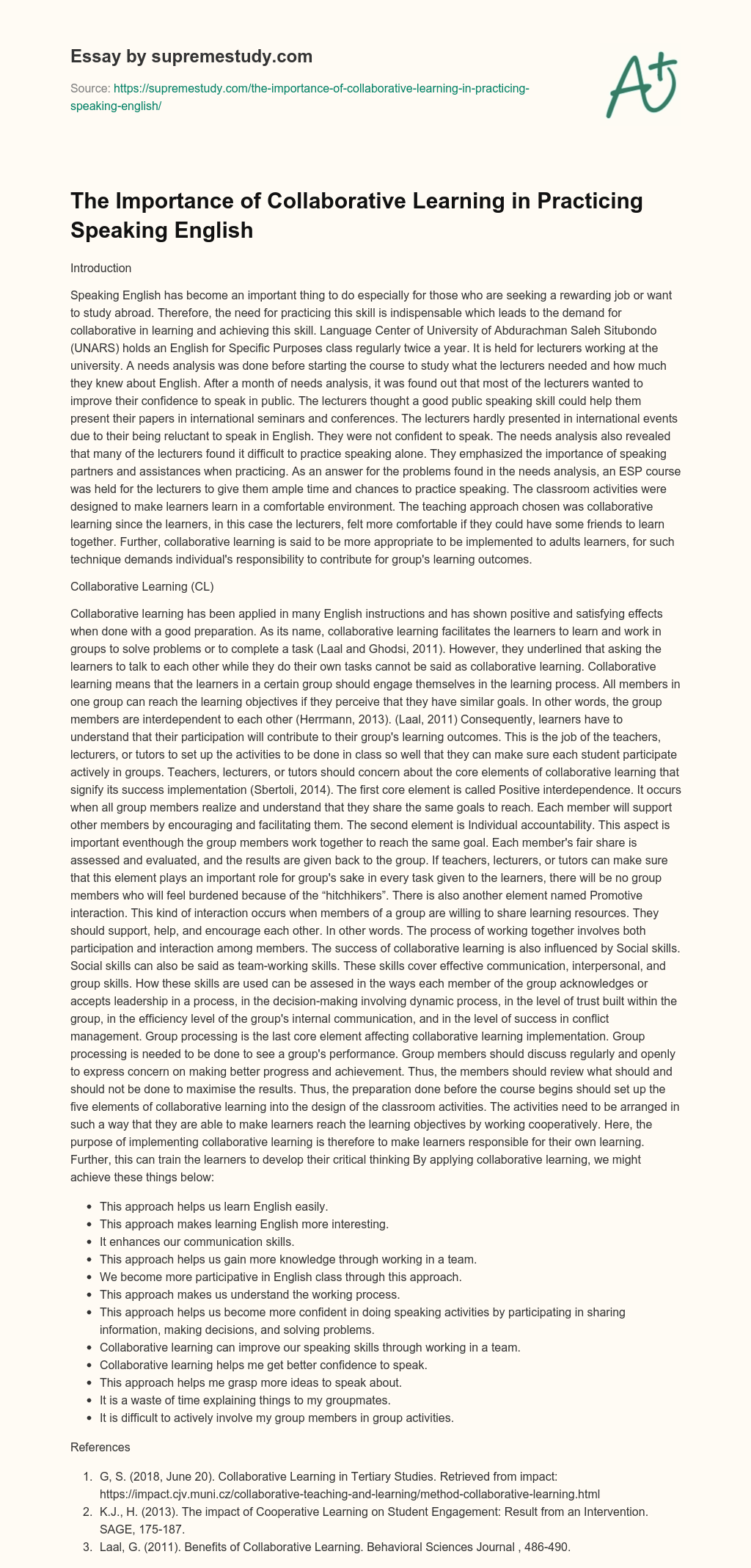 The Importance of Collaborative Learning in Practicing Speaking English essay