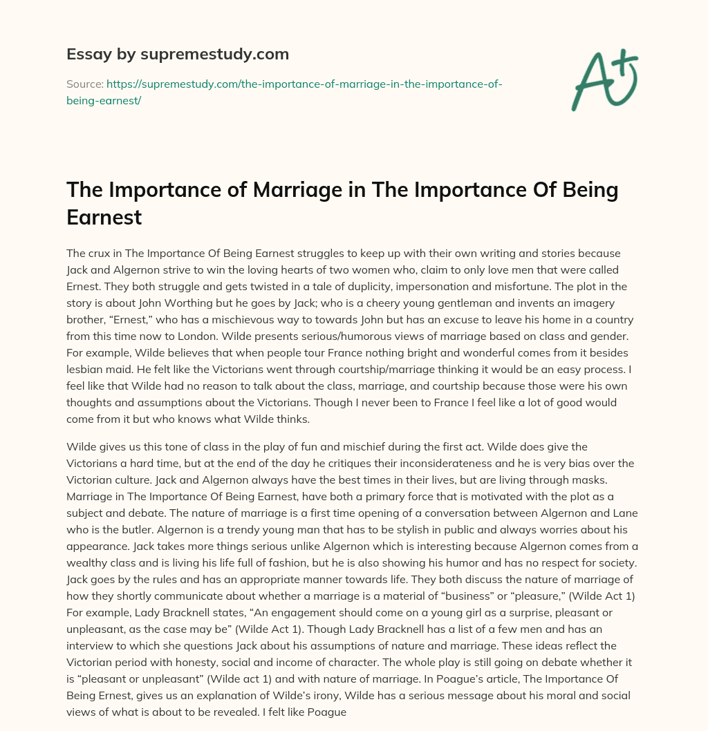 The Importance of Marriage in The Importance Of Being Earnest essay