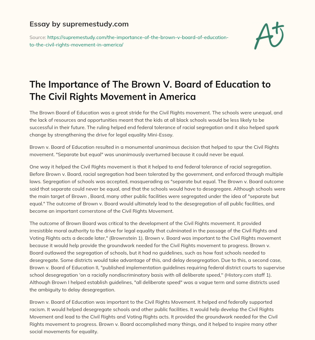 The Importance of The Brown V. Board of Education to The Civil Rights