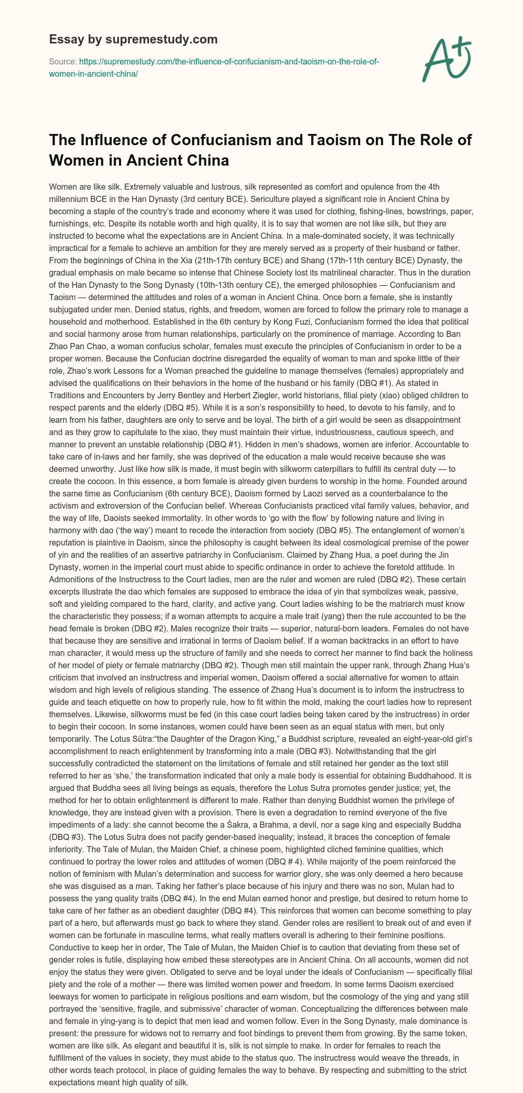 The Influence of Confucianism and Taoism on The Role of Women in Ancient China essay