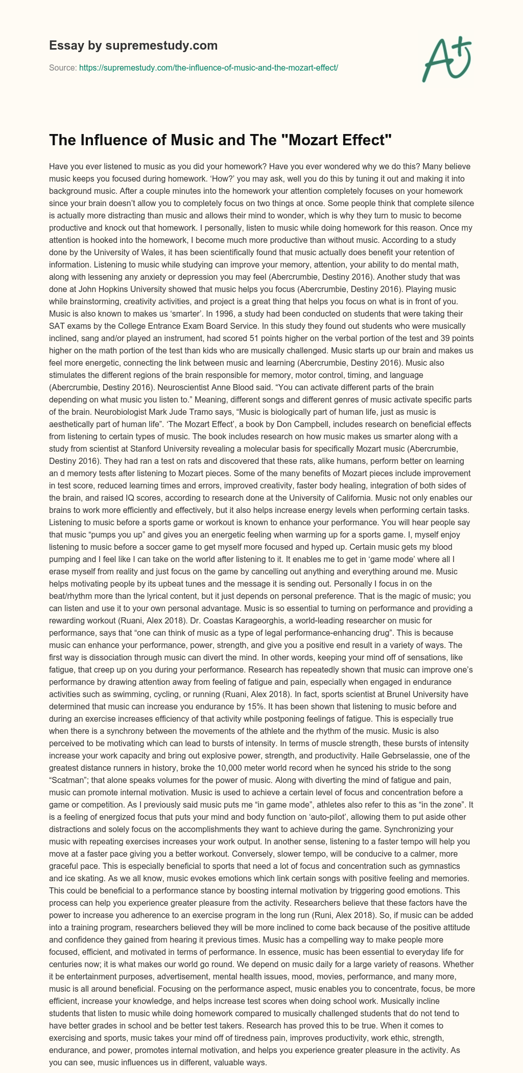 The Influence of Music and The “Mozart Effect” essay
