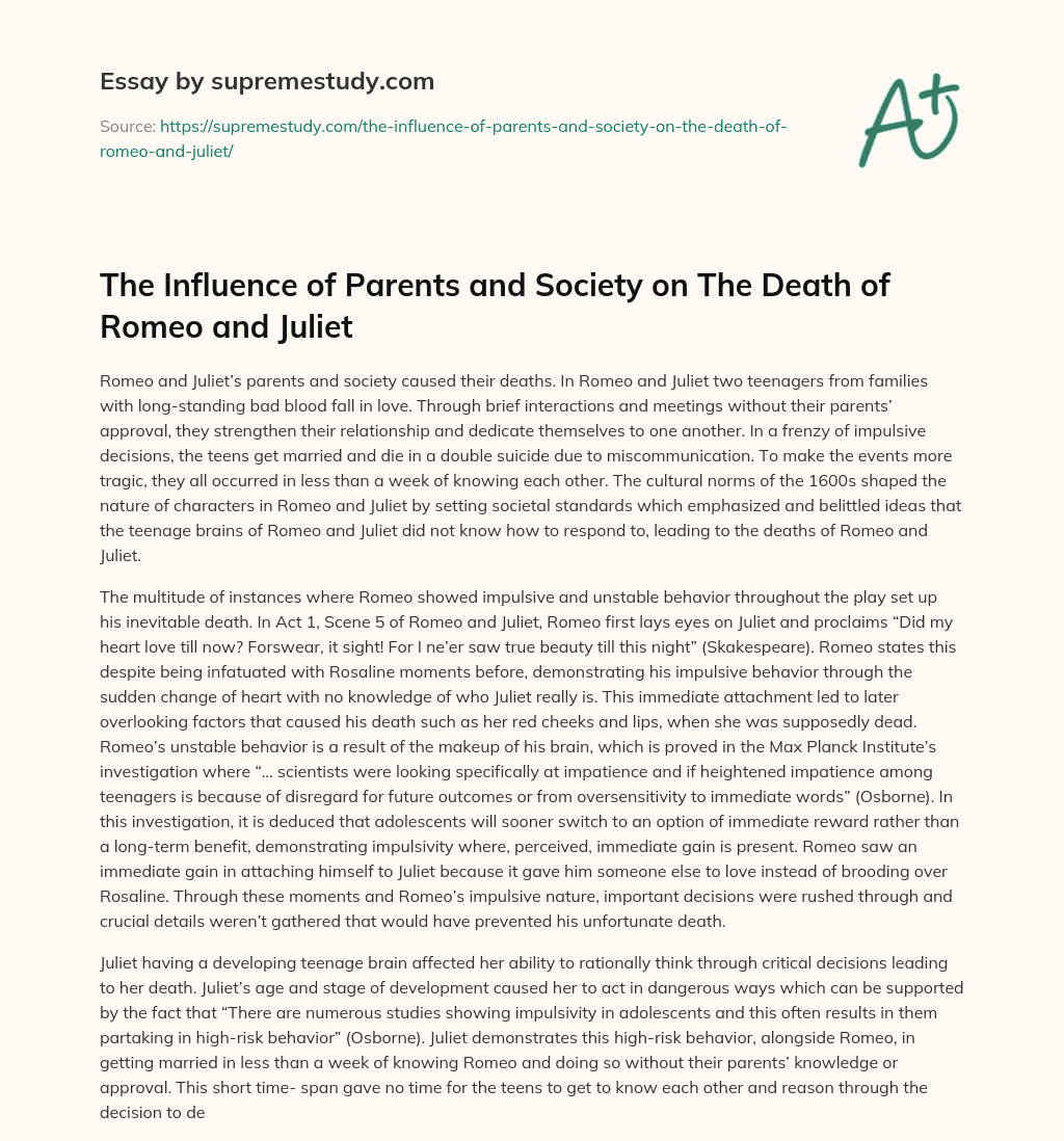 The Influence of Parents and Society on The Death of Romeo and Juliet essay
