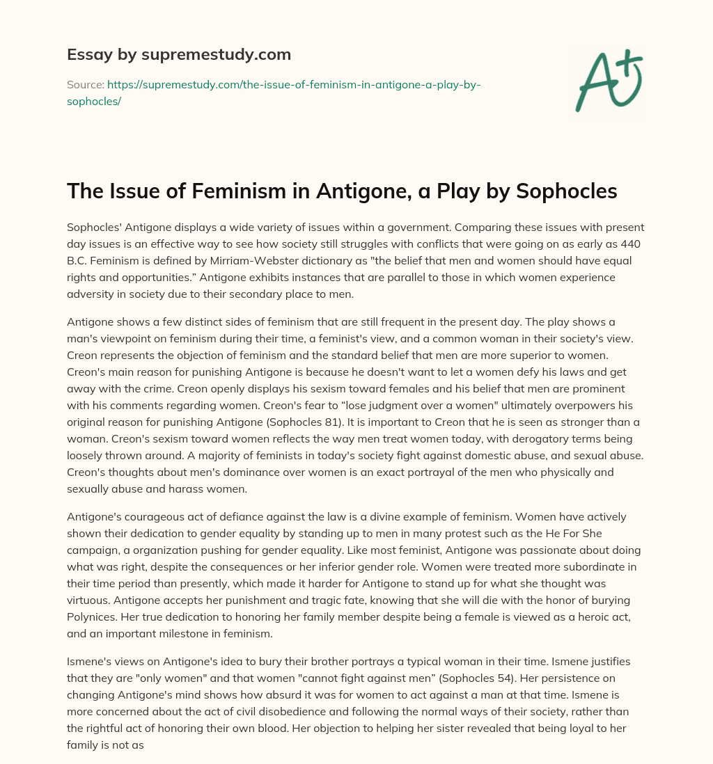 The Issue of Feminism in Antigone, a Play by Sophocles essay