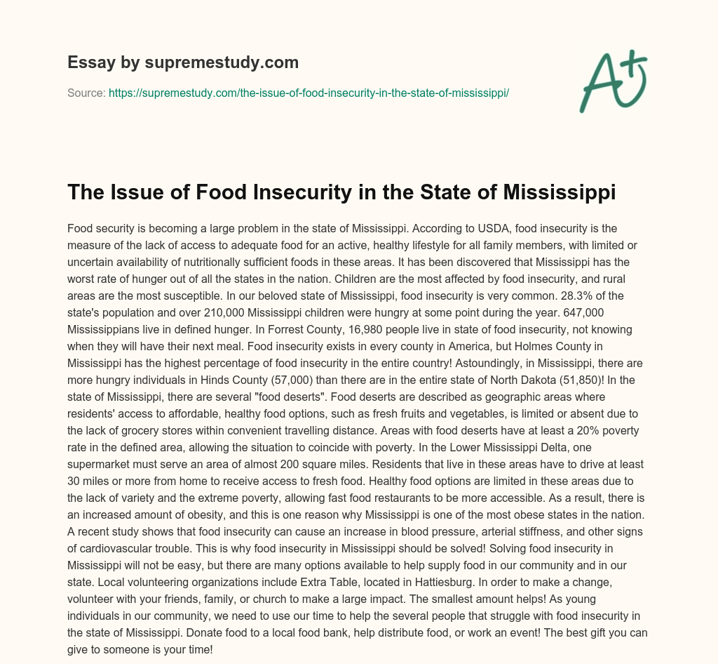 The Issue of Food Insecurity in the State of Mississippi essay