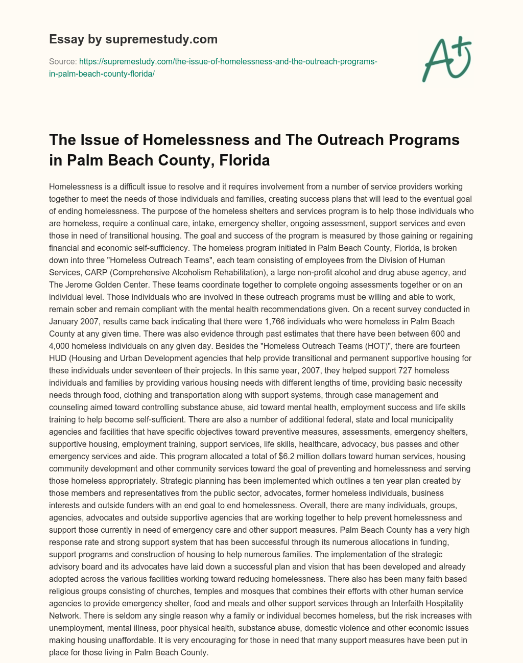 The Issue of Homelessness and The Outreach Programs in Palm Beach County, Florida essay