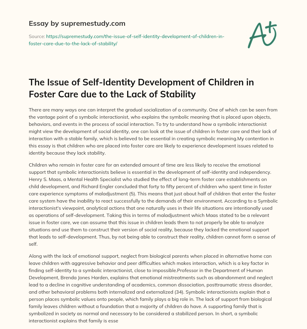 The Issue of Self-Identity Development of Children in Foster Care due to the Lack of Stability essay