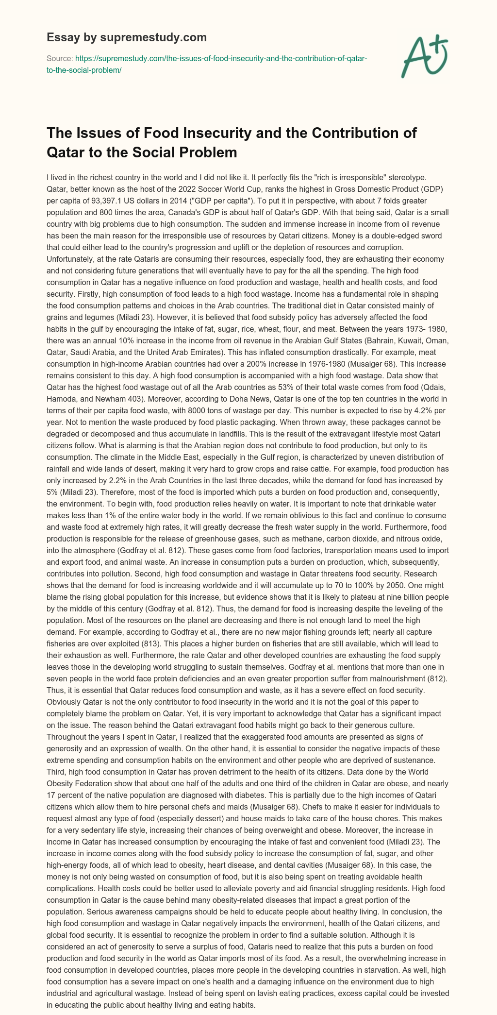 The Issues of Food Insecurity and the Contribution of Qatar to the Social Problem essay