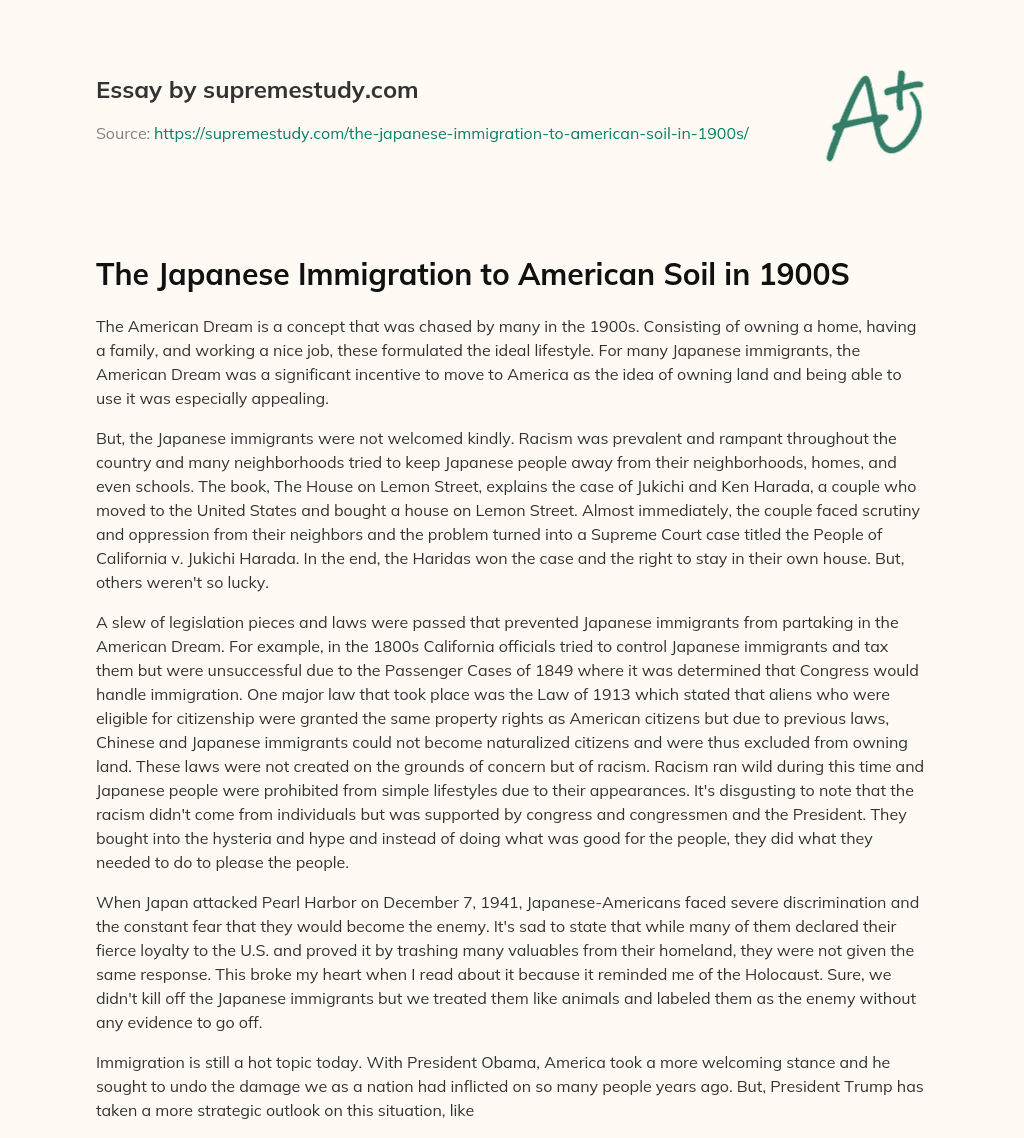 The Japanese Immigration to American Soil in 1900S essay