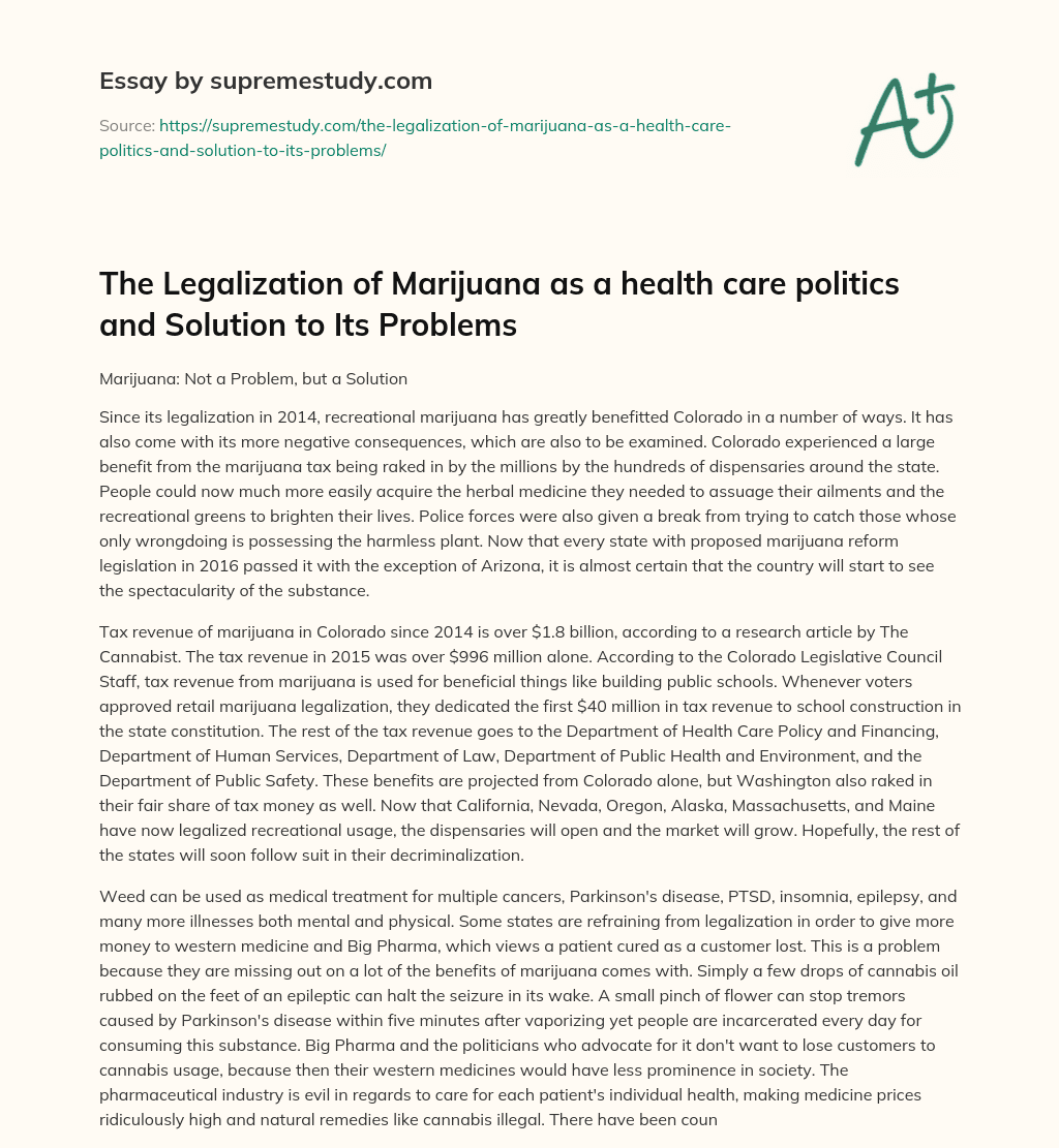 The Legalization of Marijuana as a health care politics and Solution to Its Problems essay