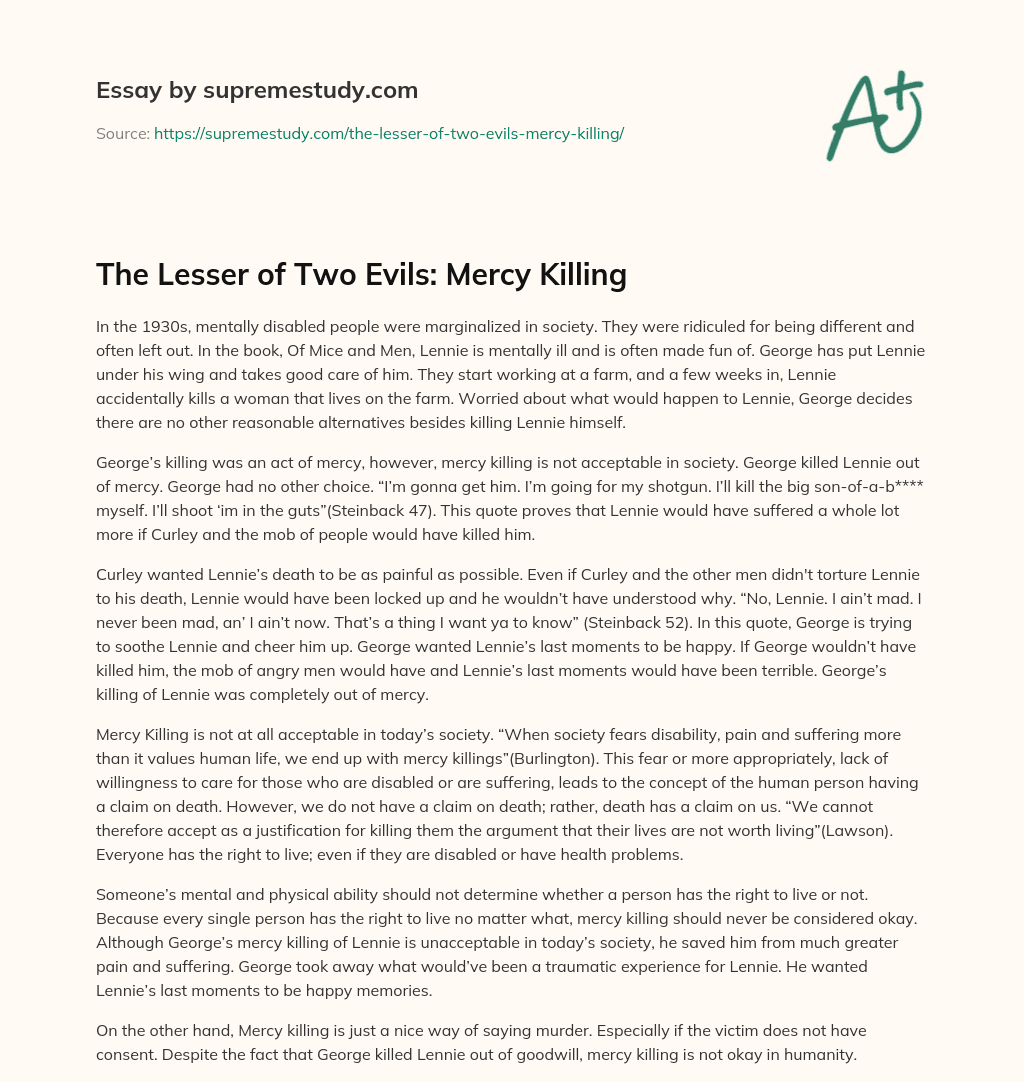 The Lesser of Two Evils: Mercy Killing essay