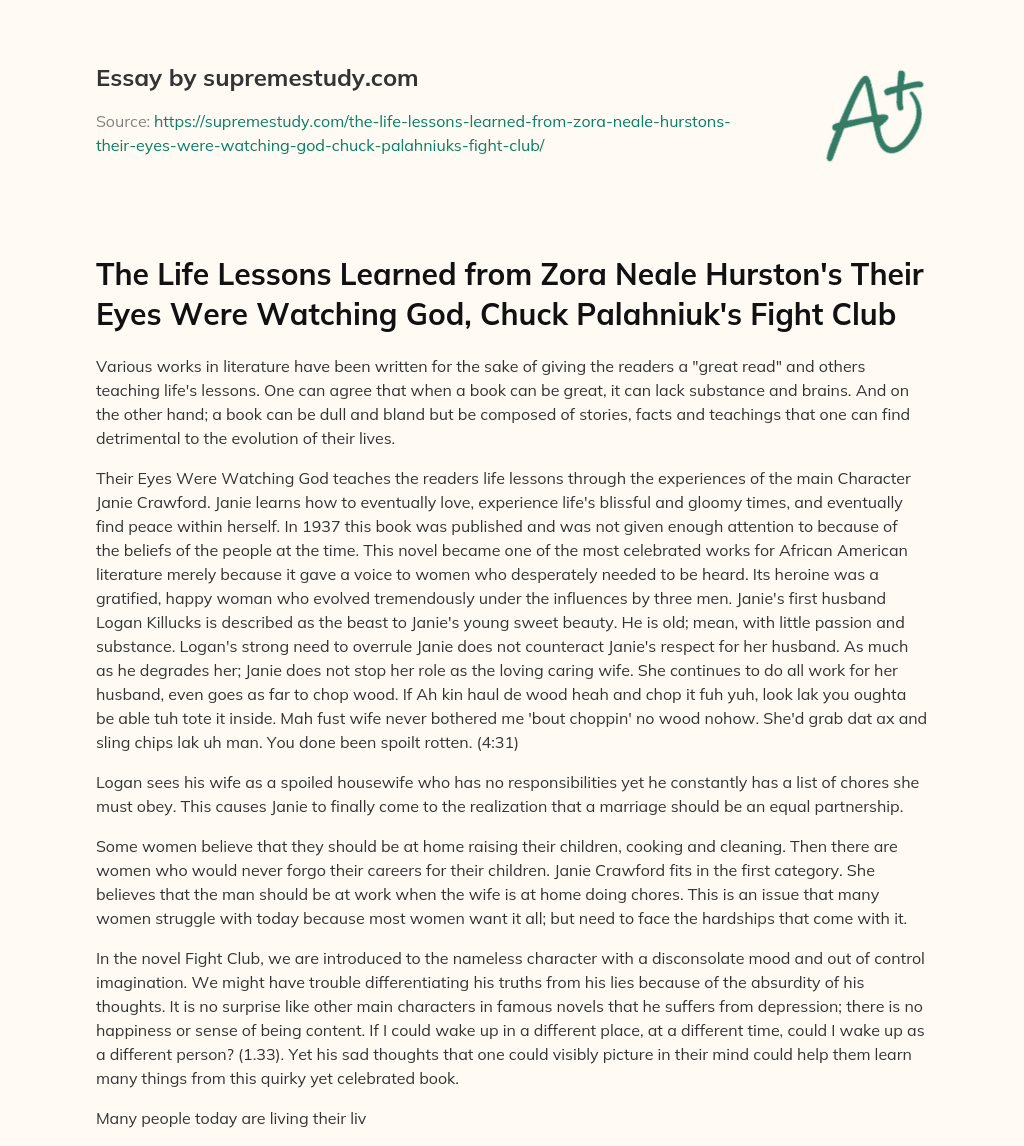 The Life Lessons Learned from Zora Neale Hurston’s Their Eyes Were Watching God, Chuck Palahniuk’s Fight Club essay