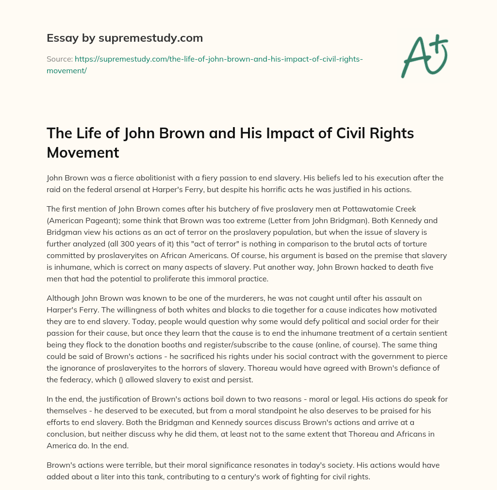 The Life of John Brown and His Impact of Civil Rights Movement essay