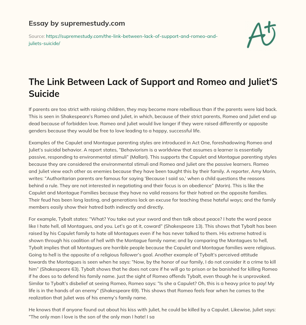 The Link Between Lack of Support and Romeo and Juliet’S Suicide essay