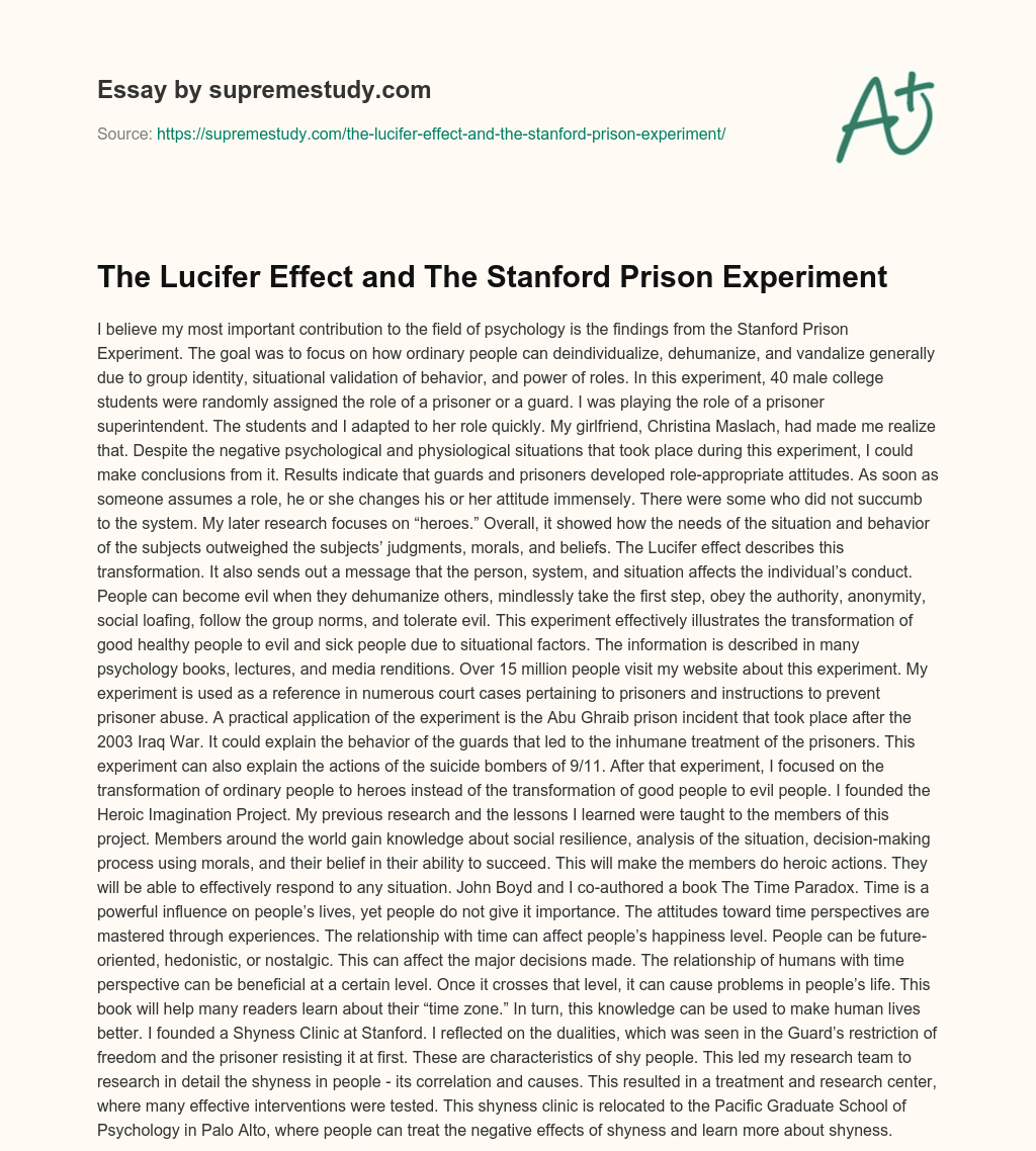 The Lucifer Effect and The Stanford Prison Experiment essay