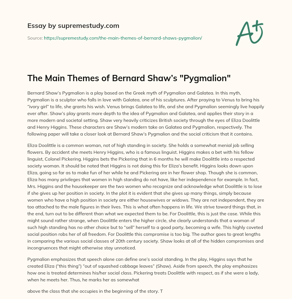 The Main Themes of Bernard Shaw’s “Pygmalion” essay