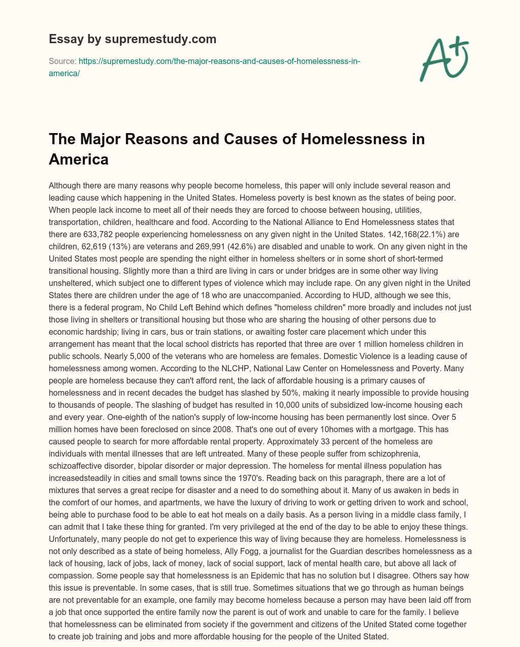 The Major Reasons and Causes of Homelessness in America essay