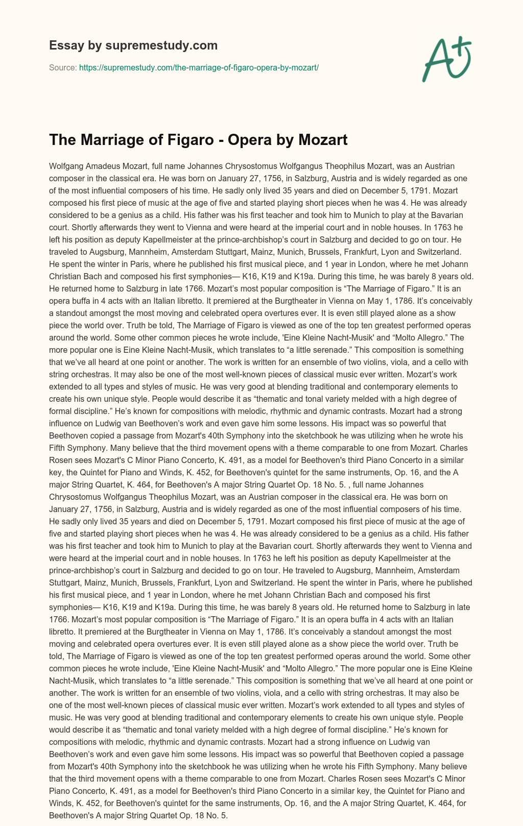 The Marriage of Figaro – Opera by Mozart essay