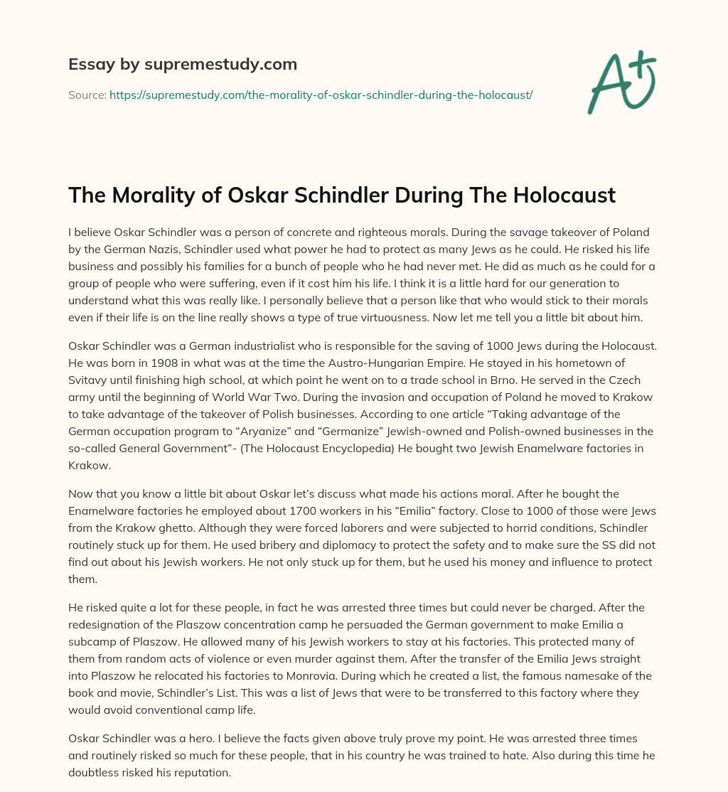 The Morality of Oskar Schindler During The Holocaust essay