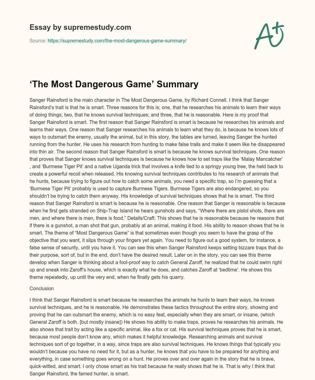 ‘The Most Dangerous Game’ Summary essay