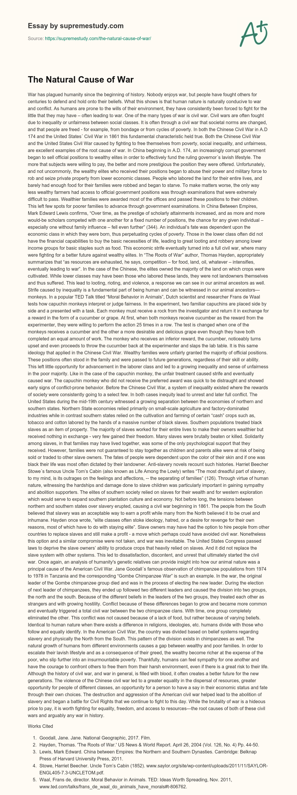 The Natural Cause of War  essay