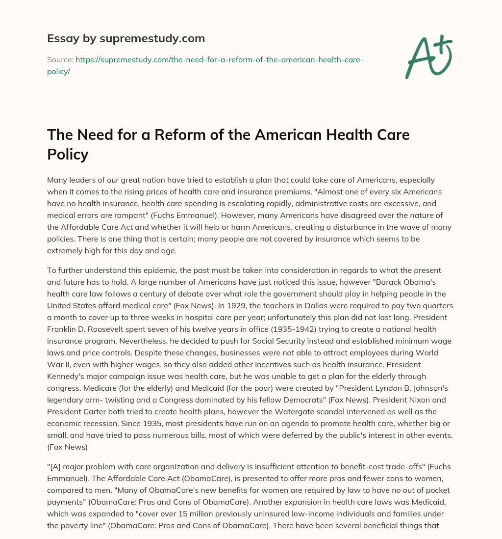 The Need for a Reform of the American Health Care Policy essay