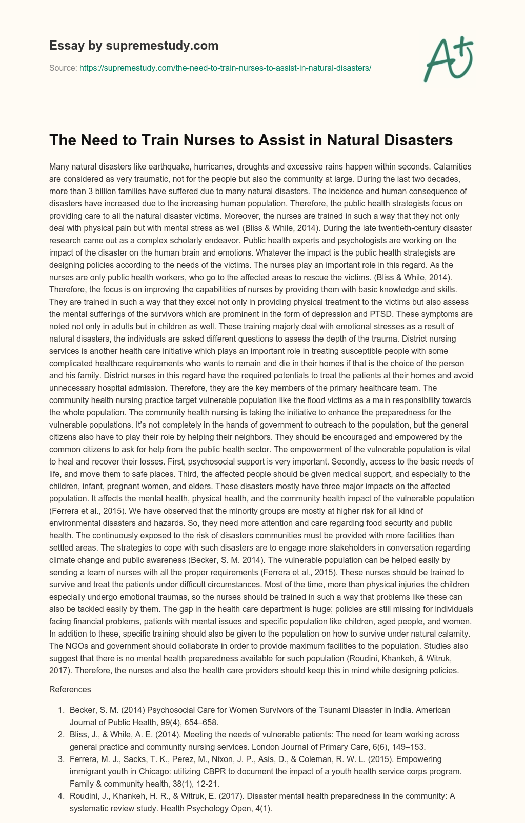 The Need to Train Nurses to Assist in Natural Disasters essay