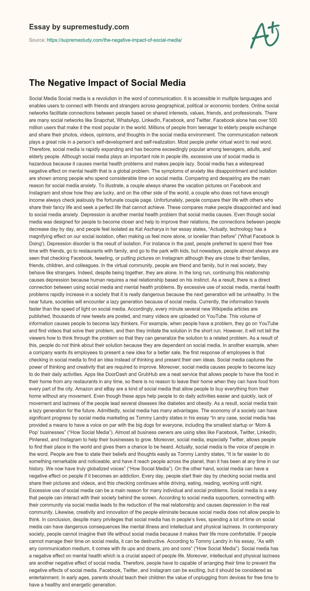 The Negative Impact of Social Media essay