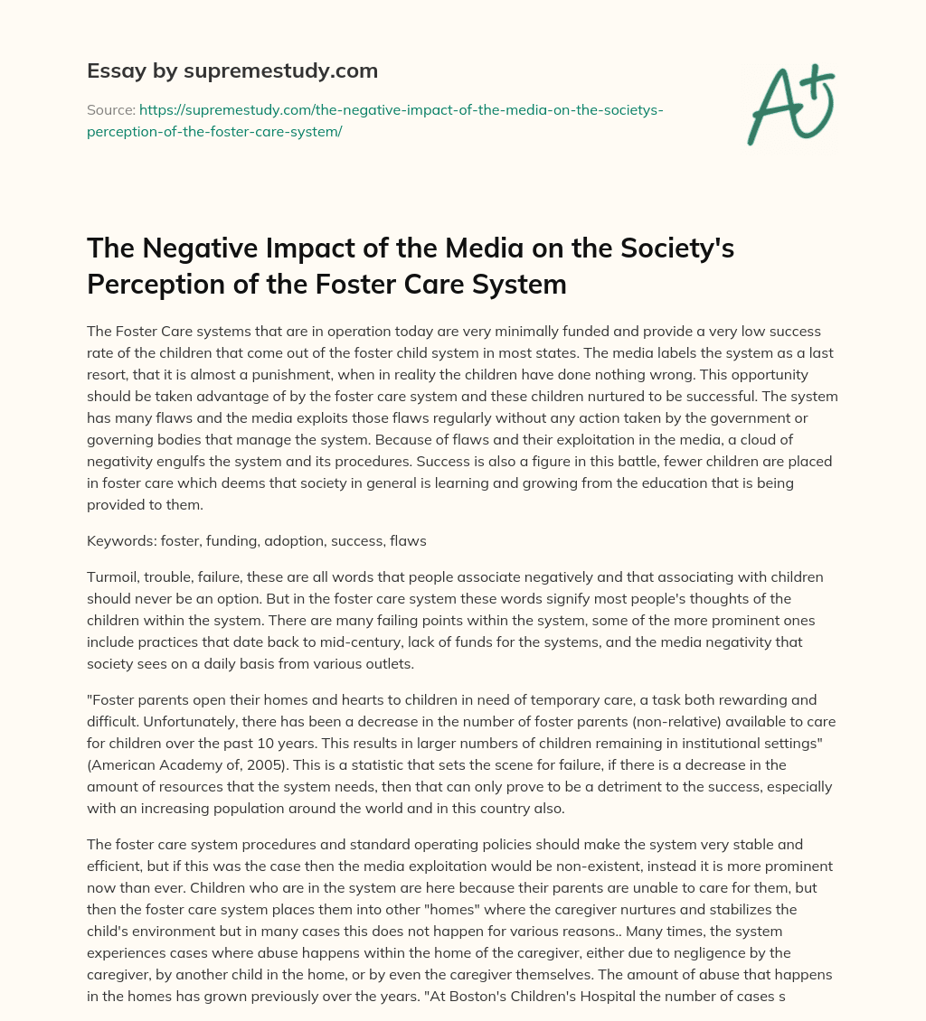 The Negative Impact of the Media on the Society’s Perception of the Foster Care System essay