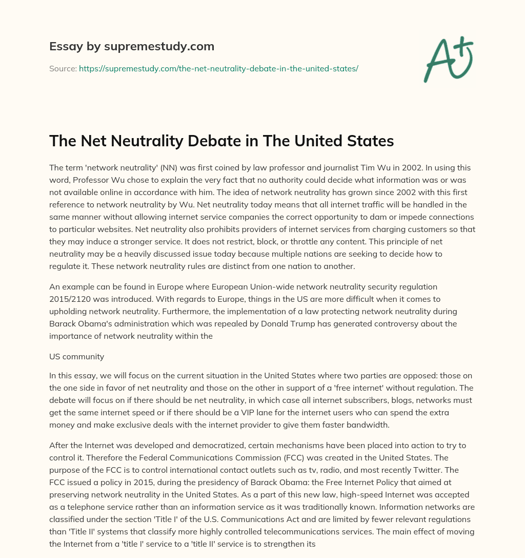 The Net Neutrality Debate in The United States essay