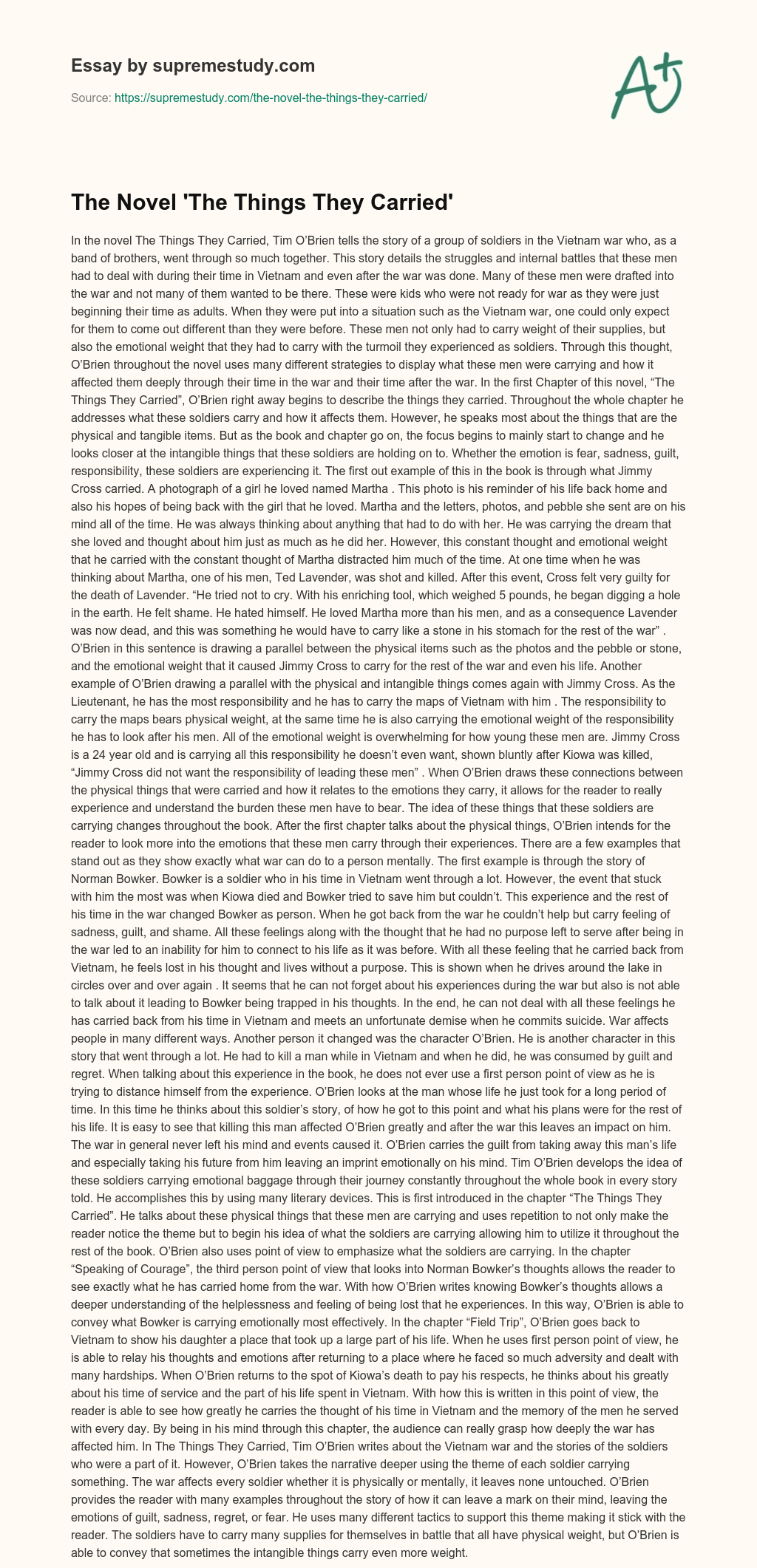 The Novel ‘The Things They Carried’ essay