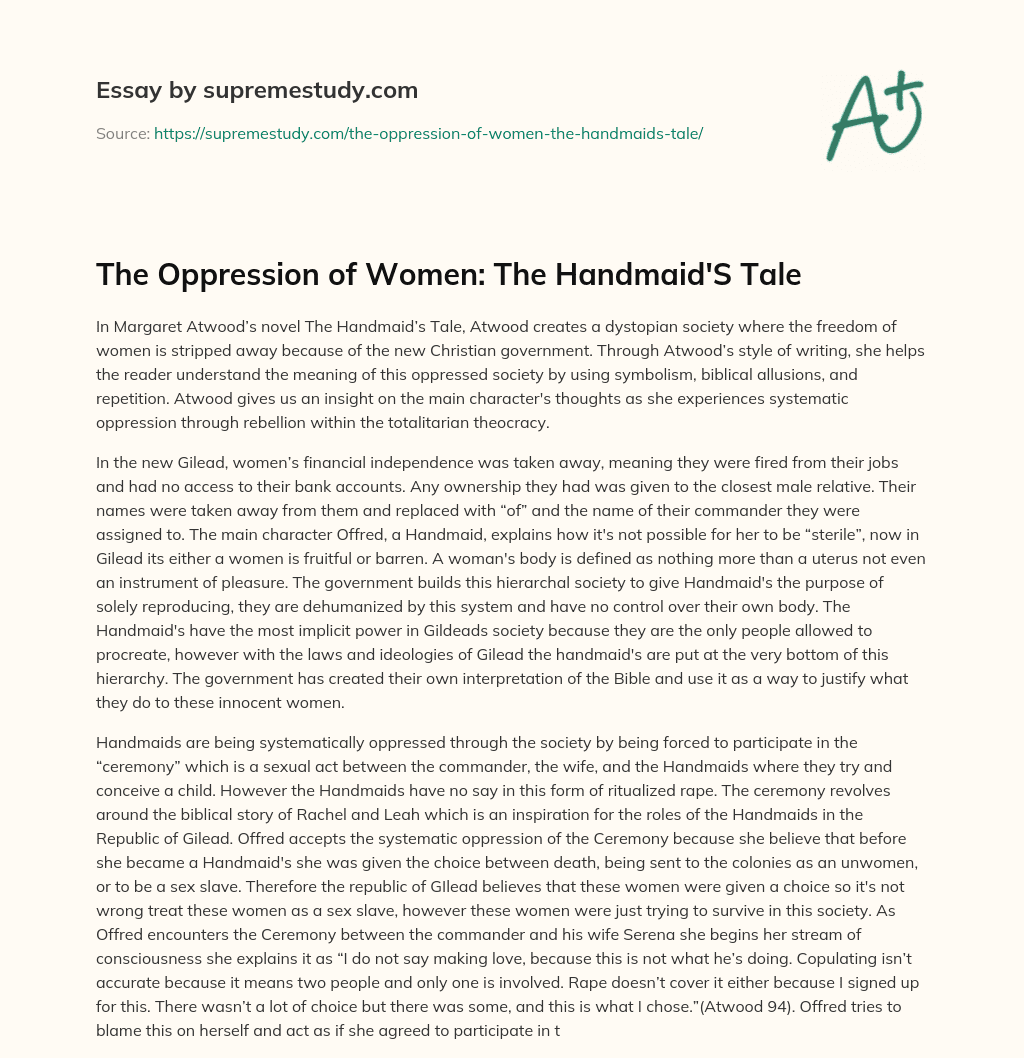the handmaid's tale women's role in society essay