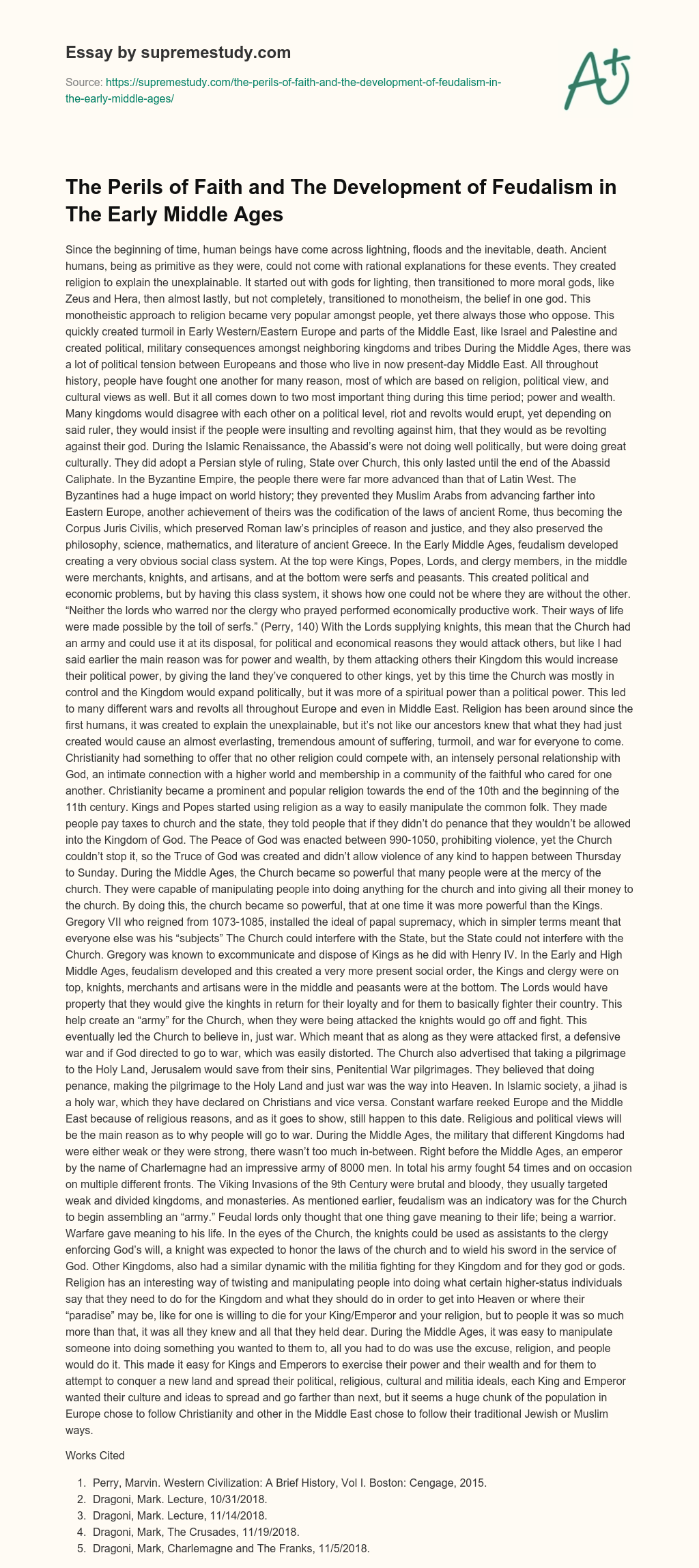 The Perils of Faith and The Development of Feudalism in The Early Middle Ages essay