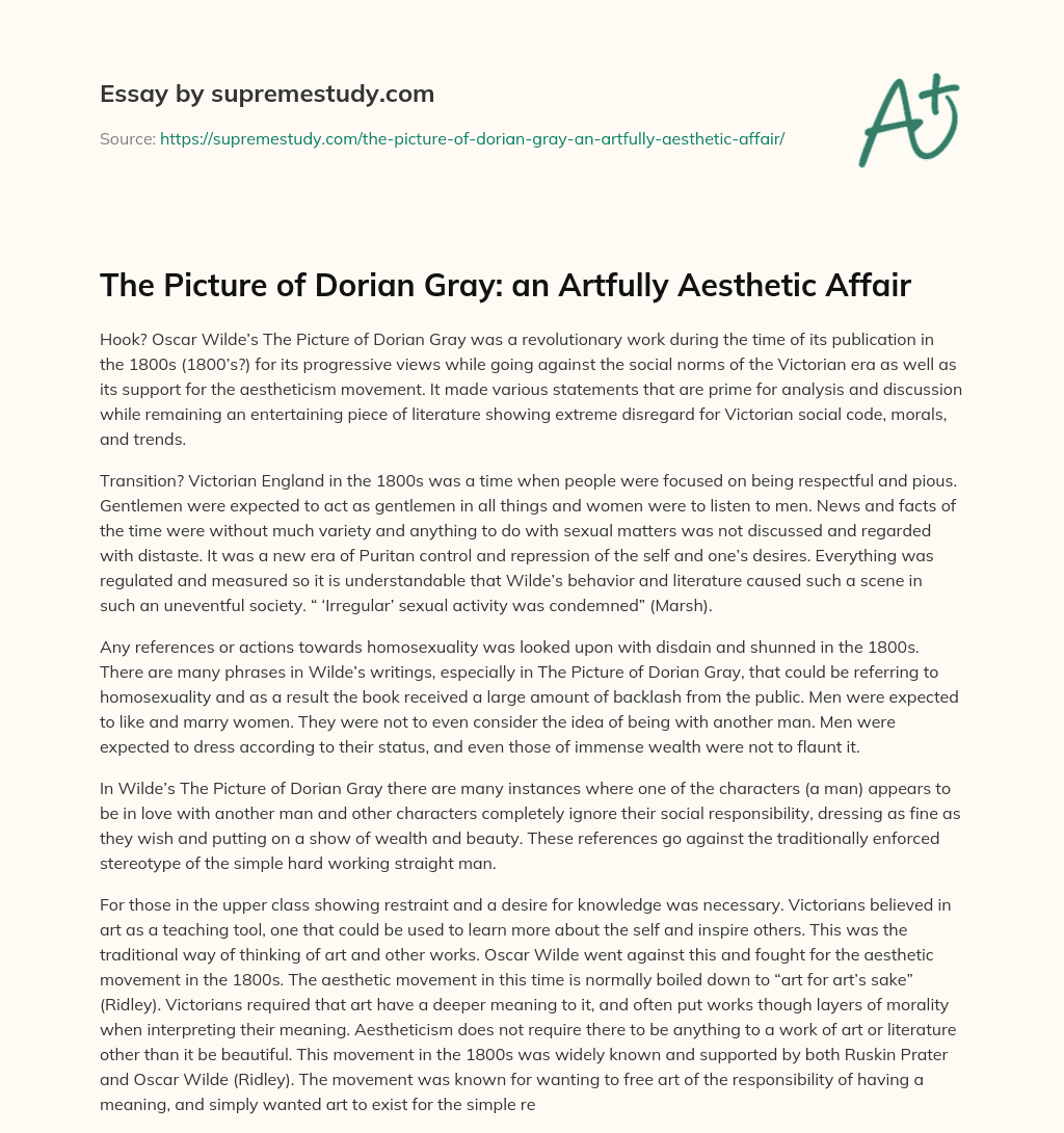 The Picture of Dorian Gray: an Artfully Aesthetic Affair essay