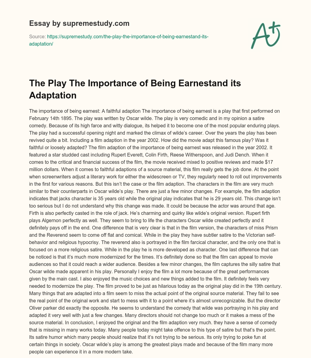 The Play The Importance of Being Earnestand its Adaptation essay