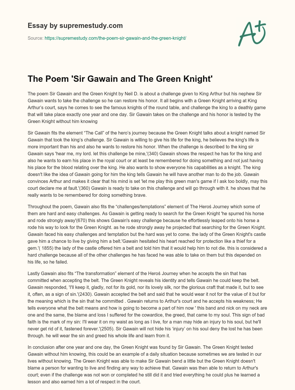 The Poem ‘Sir Gawain and The Green Knight’ essay