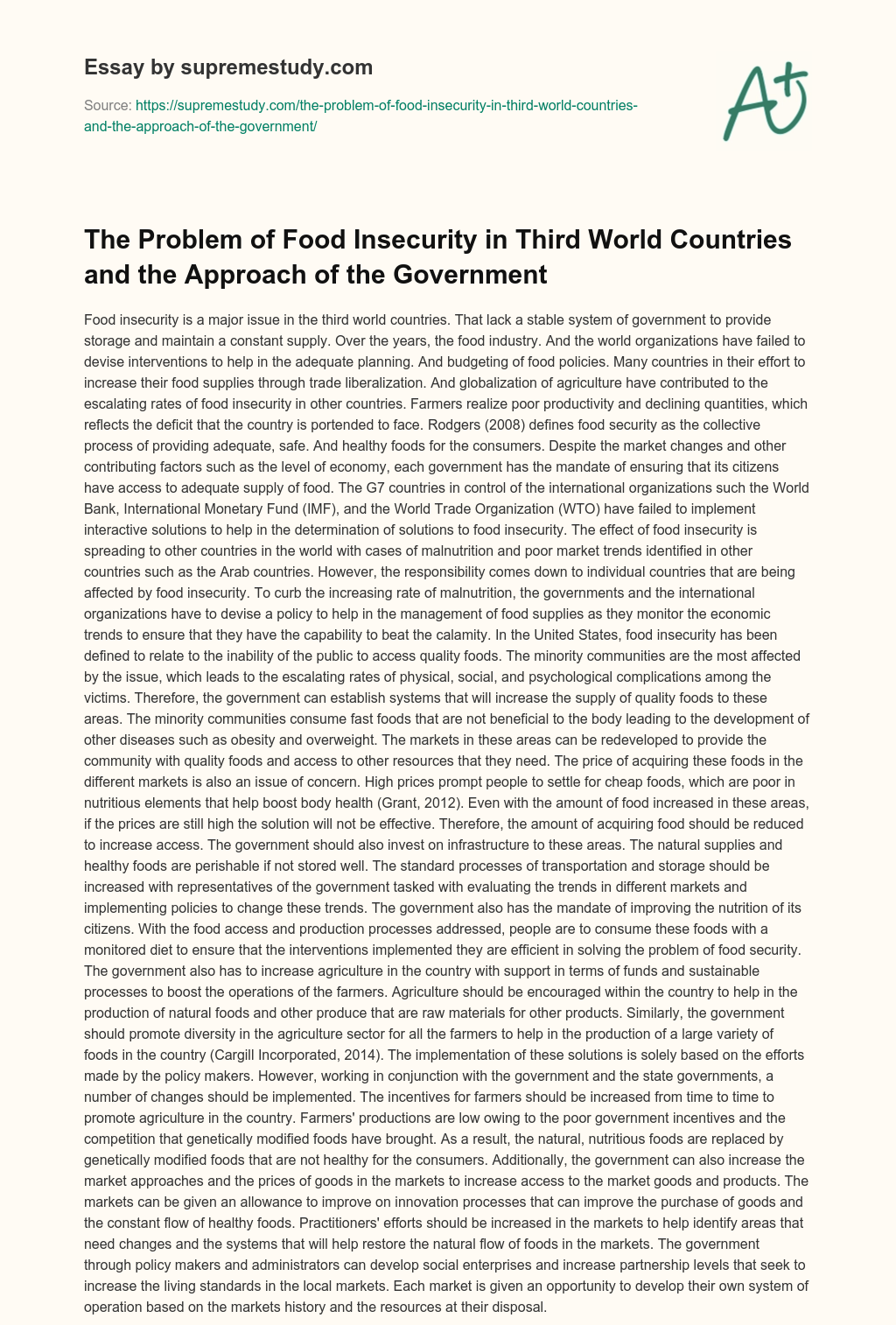The Problem of Food Insecurity in Third World Countries and the Approach of the Government essay