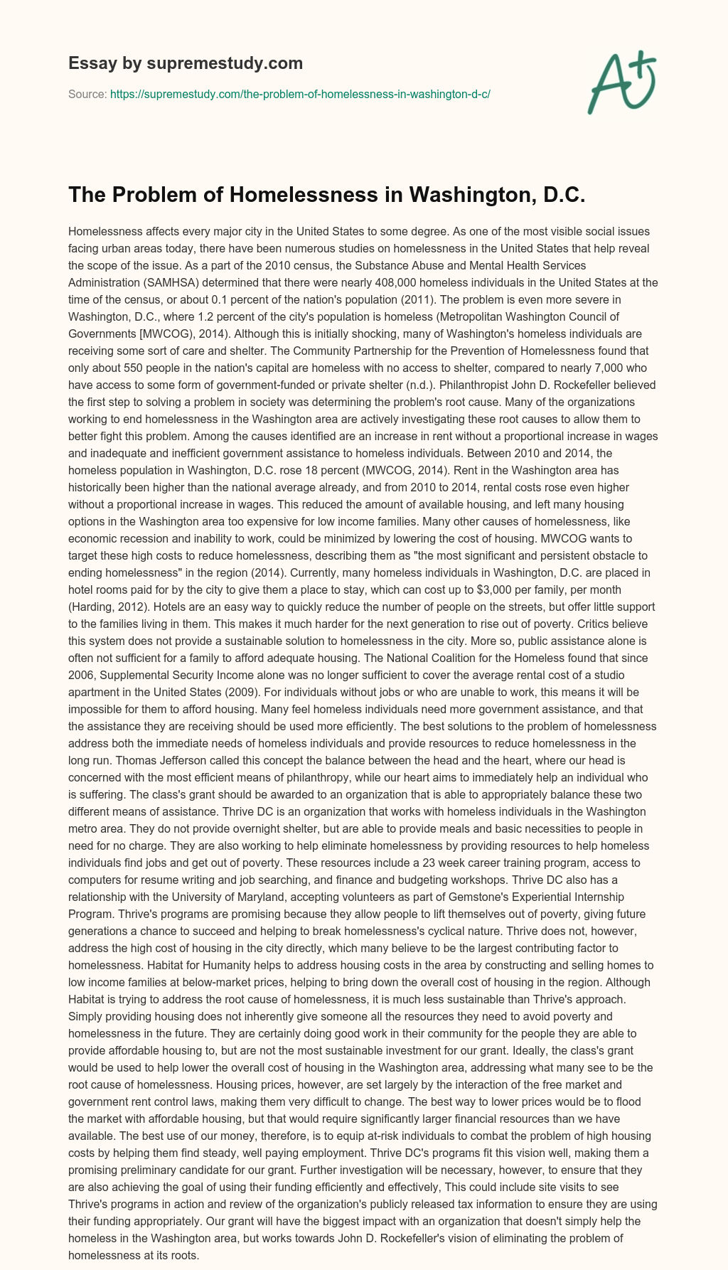 The Problem of Homelessness in Washington, D.C. essay