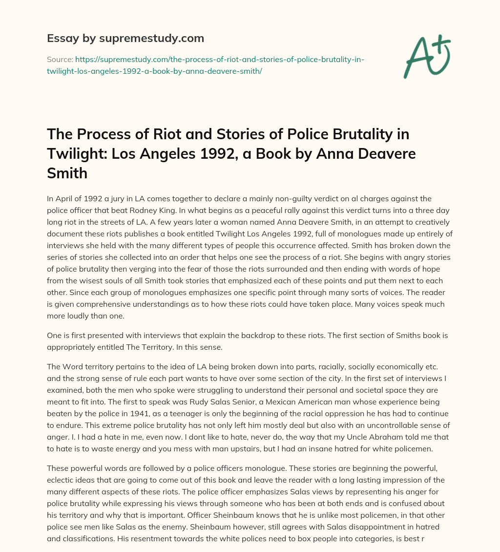 The Process of Riot and Stories of Police Brutality in Twilight: Los Angeles 1992, a Book by Anna Deavere Smith essay