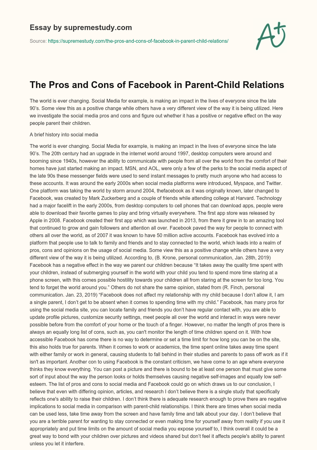 The Pros and Cons of Facebook in Parent-Child Relations essay