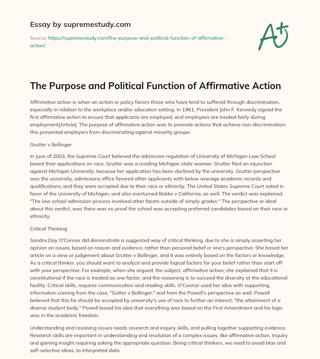 The Purpose and Political Function of Affirmative Action essay