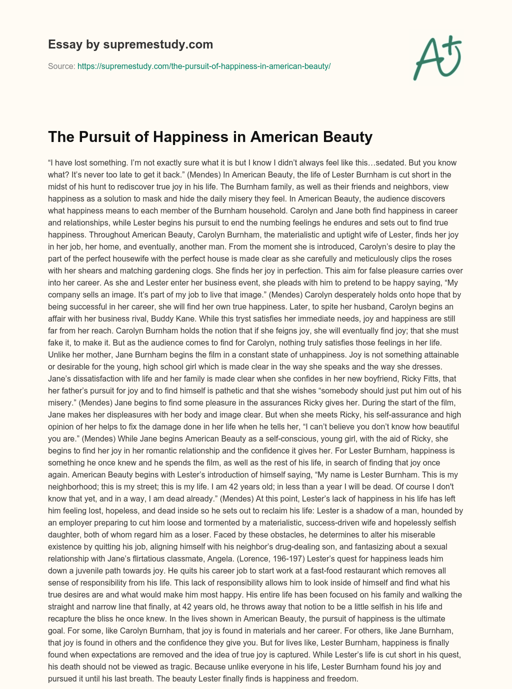 The Pursuit of Happiness in American Beauty essay