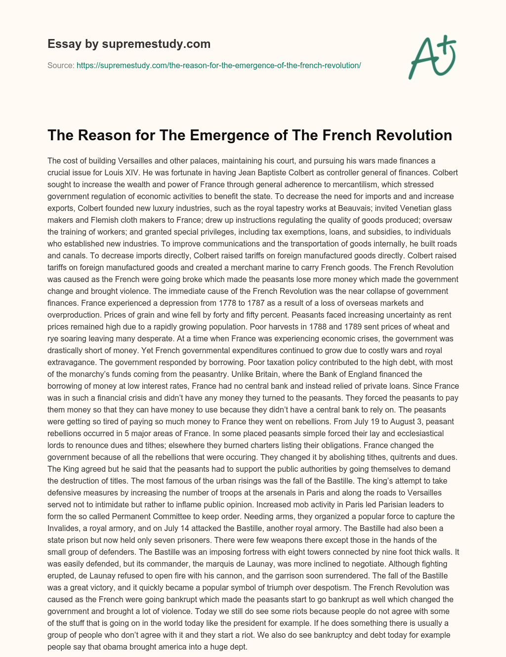 The Reason for The Emergence of The French Revolution essay