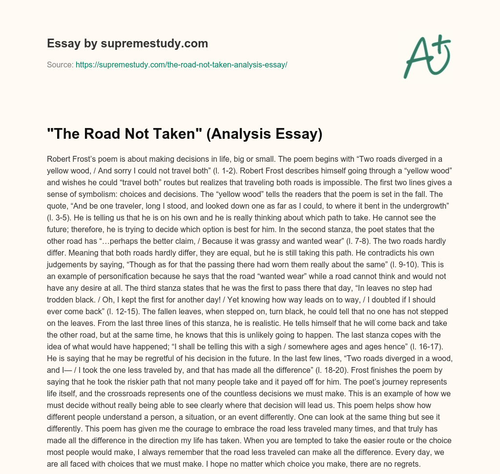 “The Road Not Taken” (Analysis Essay) essay