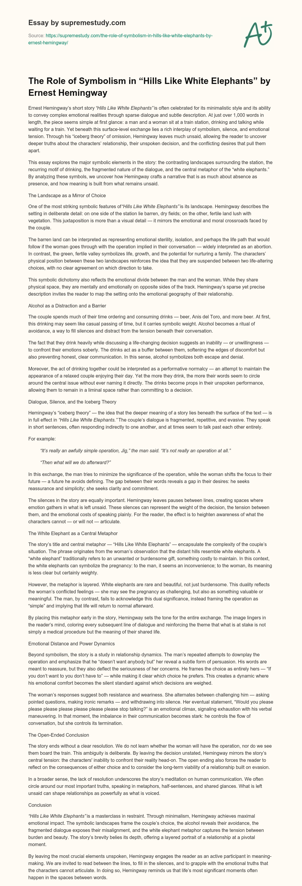 The Role of Symbolism in “Hills Like White Elephants” by Ernest Hemingway essay