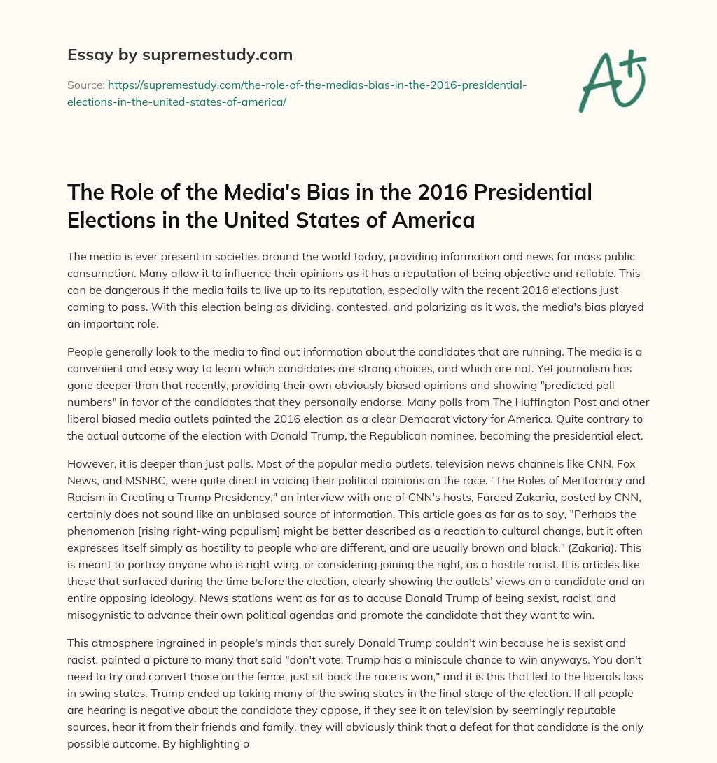 The Role of the Media’s Bias in the 2016 Presidential Elections in the United States of America essay