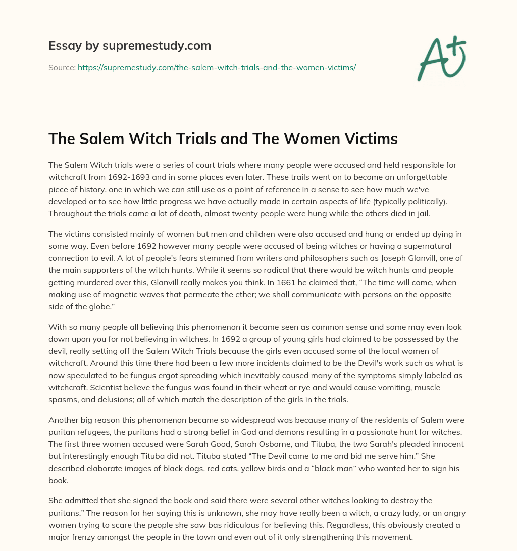 The Salem Witch Trials and The Women Victims essay