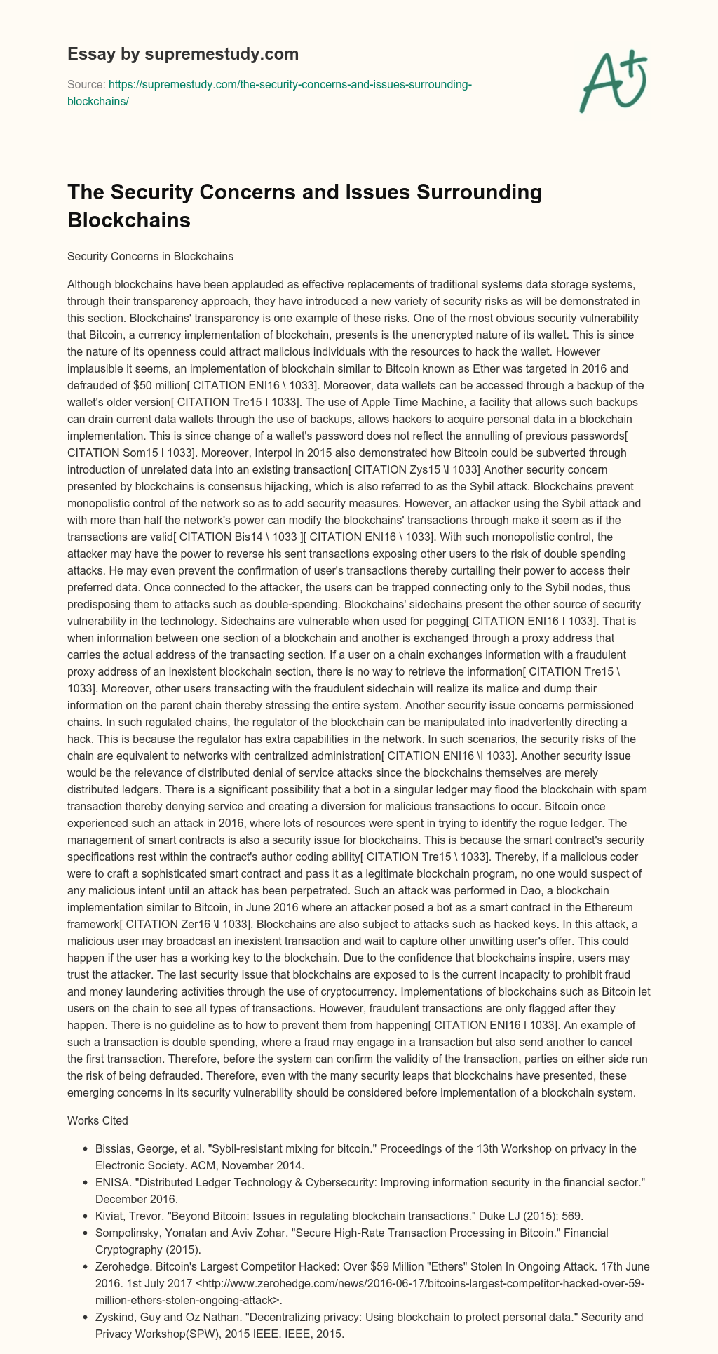 The Security Concerns and Issues Surrounding Blockchains essay