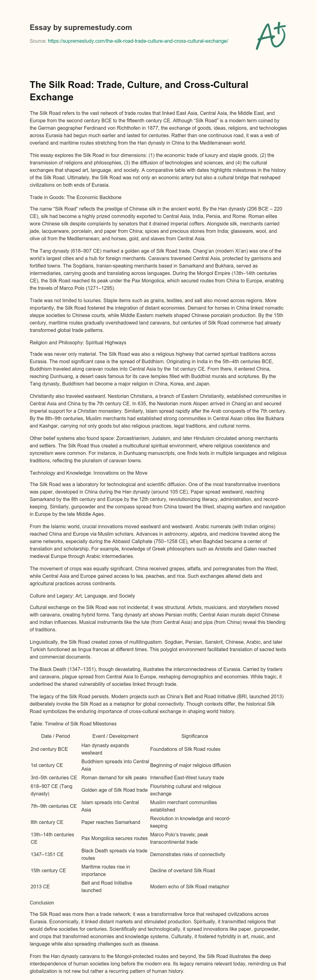 The Silk Road: Trade, Culture, and Cross-Cultural Exchange essay