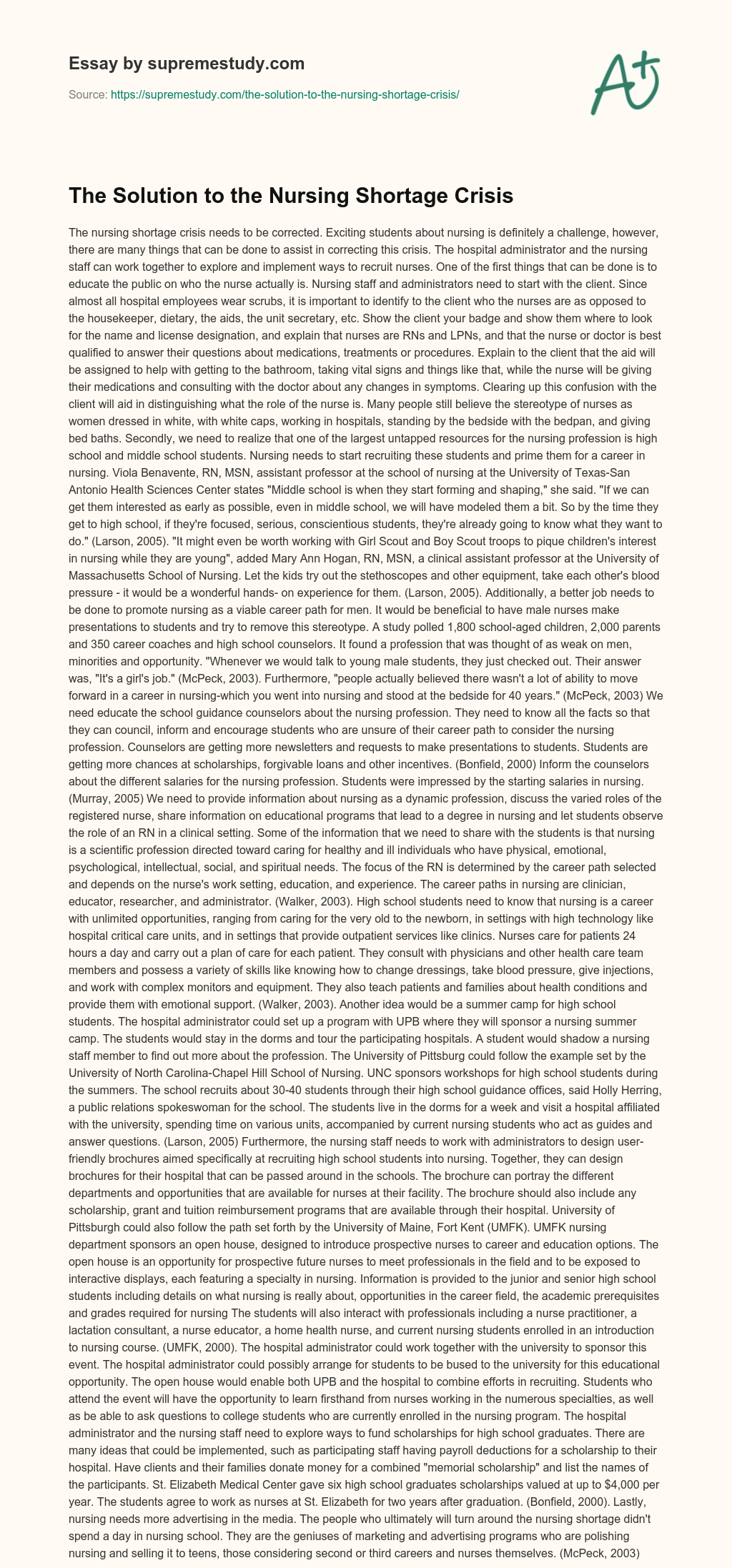 The Solution to the Nursing Shortage Crisis essay